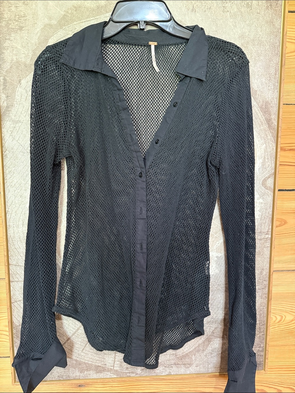 Free People AMAZING Black Mesh Button-Front Top WITH great cuffs!
